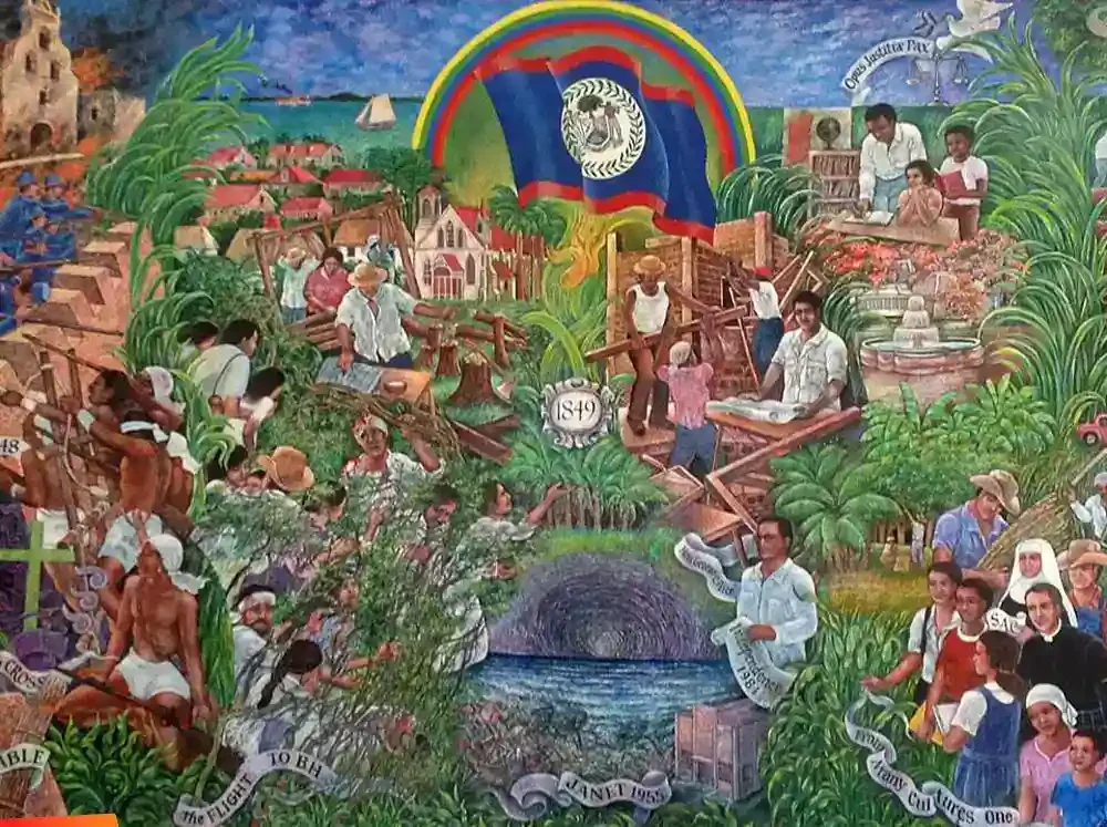 Colorful mural depicting Belizean history and culture, featuring people, flora, fauna, and the Belize flag under a rainbow, with scenes of daily life and symbols of heritage.