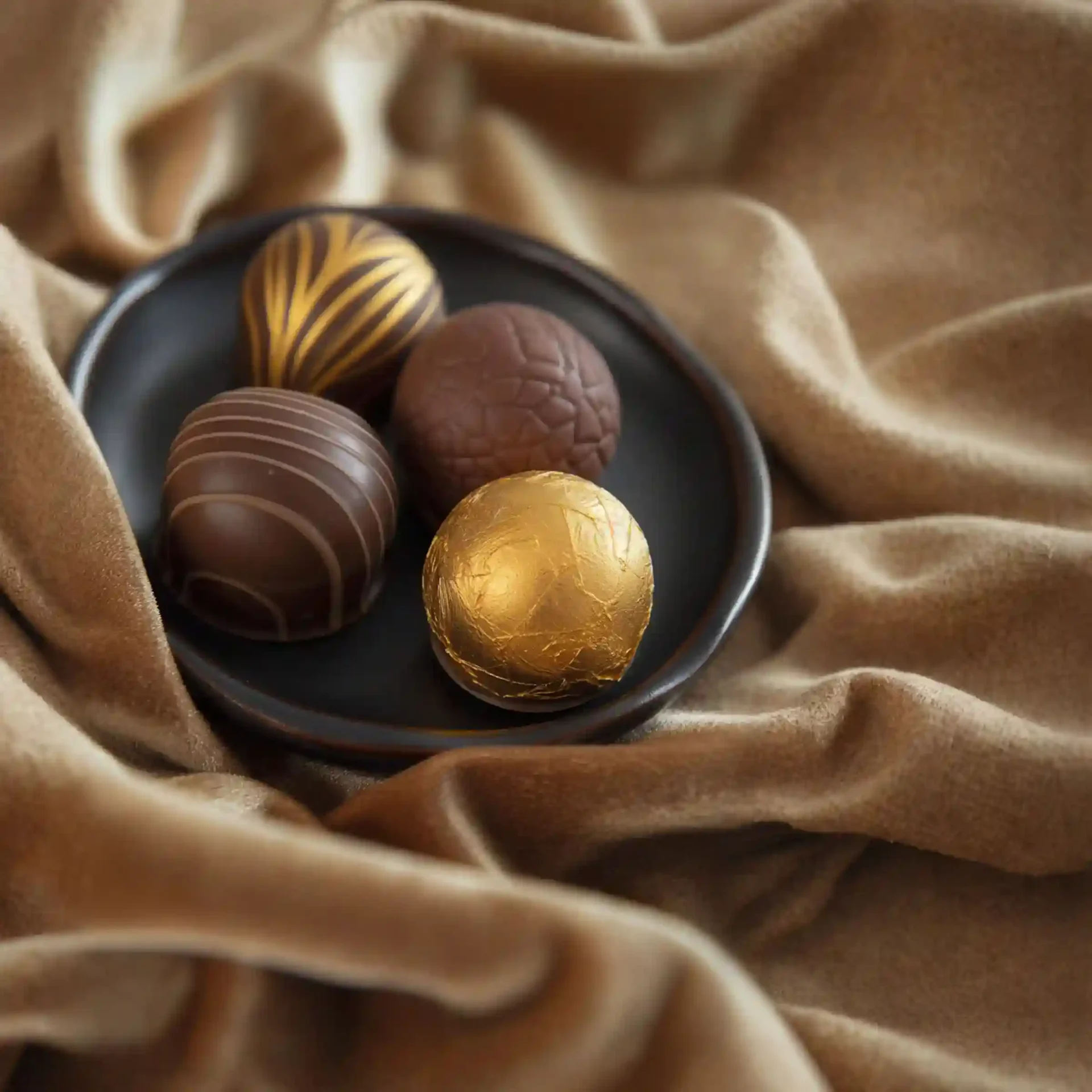 A plate with four assorted chocolates, including one wrapped in gold foil, sits on a brown fabric backdrop.