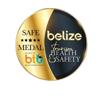 Gold and black circular emblem for the Belize Tourism Health & Safety Safe Medal, issued by the Belize Tourism Board.