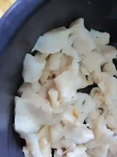 A close-up of light-colored, crumpled fabric scraps in a dark container.